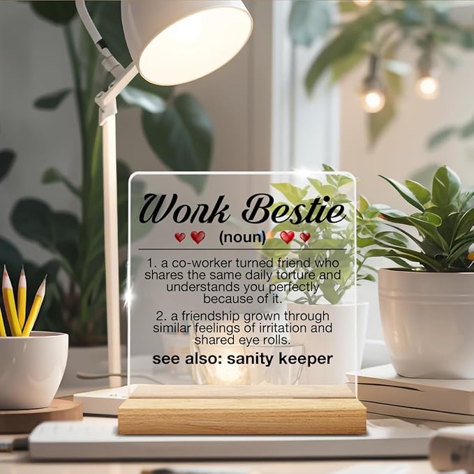 Work Besties Gifts for Women, Work Bestie Gifts for Retirement Leaving Going Away New Job, Work Bestie Definition Acrylic Desk Sign Decor