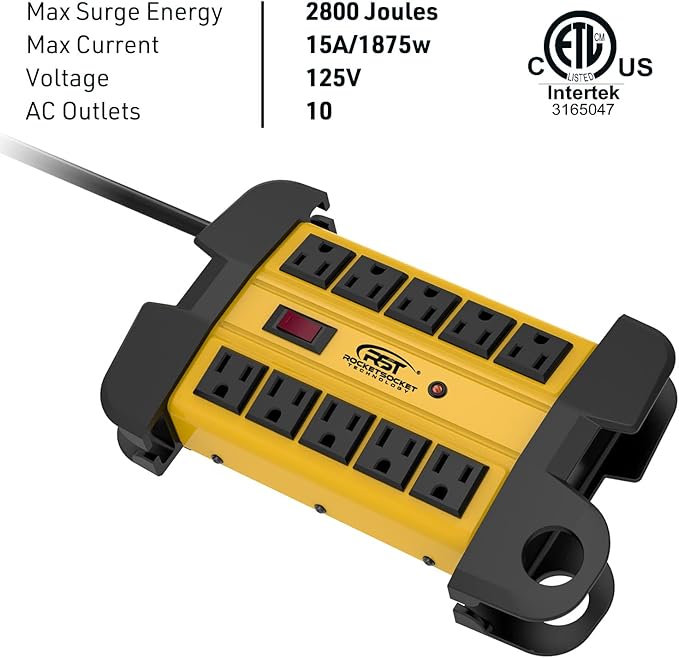 CRST Heavy Duty Surge Protector Power Strip 10-Outlet Metal Industrial Power Strip with 2800 Joules, 15A Circuit Breaker, 14 Gague 6ft Extension Cord for Workshop, Garage, Office, School…