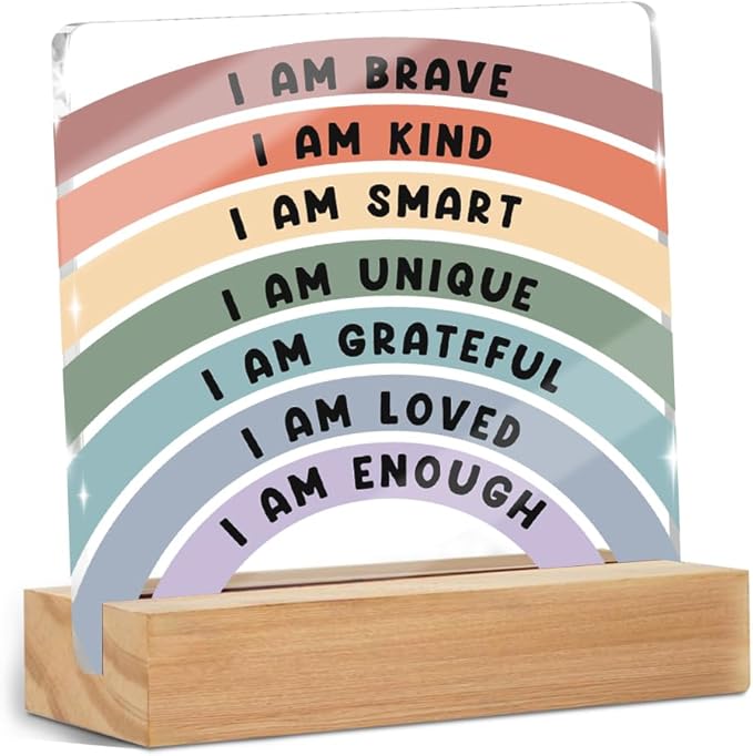 Positive Affirmations I Am Enough Desk Decor Acrylic Sign 4x4 Inch, Inspirational Gifts for Women Men, Cute Rainbow Desk Gadgets Table Top Cubicle Accessories Office Living Room Bedroom Decor