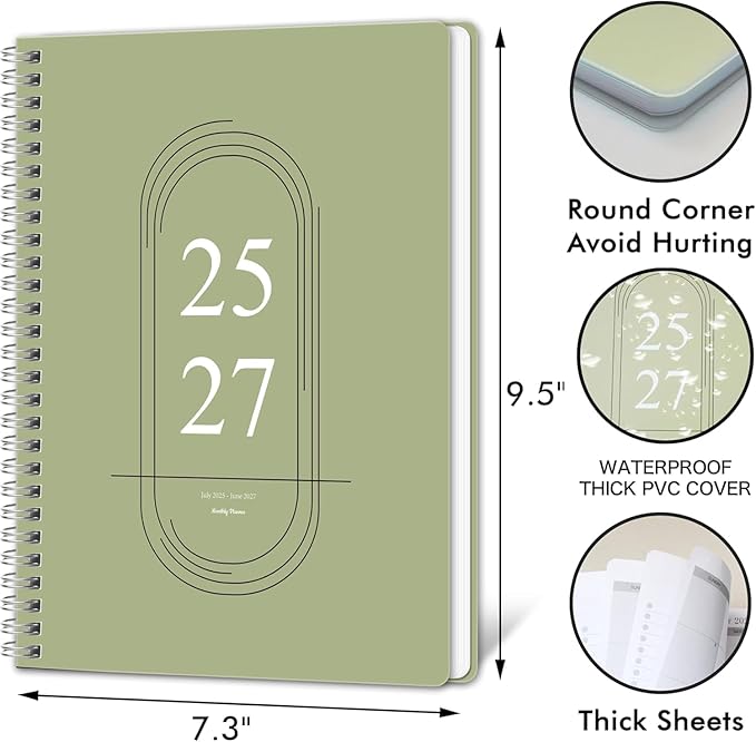 Monthly Planner 2025-2027 - 2 Year Monthly Planner Calendar 2025-2027, July 2025 - June 2027, 7.3" * 9.5", 24 Months Calendar Planner with Waterproof Cover＆Spiral Bound, for Office, School Home Planning - Green