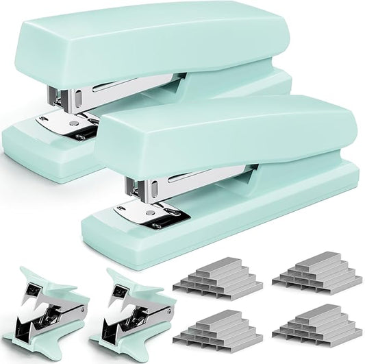 2 Pack Green Office Staplers, 25-Sheet Capacity with 4000 Staples and 2 Staple Removers, Desktop Stapler, Green Office Supplies for Students and Office Clerks