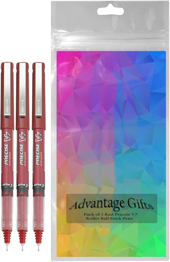 Precise V7 Stick Rolling Ball Pens, Fine Point (.7mm), Red Ink, 3-pk; Bundle with Plastic Reusable Pouch