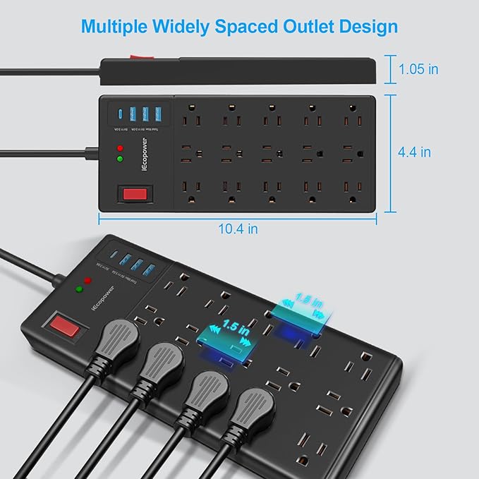 Surge Protector Power Strip-15 Widely Spaced Outlets and 4 USB Ports(1 USB C Port),14 AWG Extension Cord,1875W/15A Heavy Duty Power Strip Surge Protector 5 ft Cord,2800J,Black