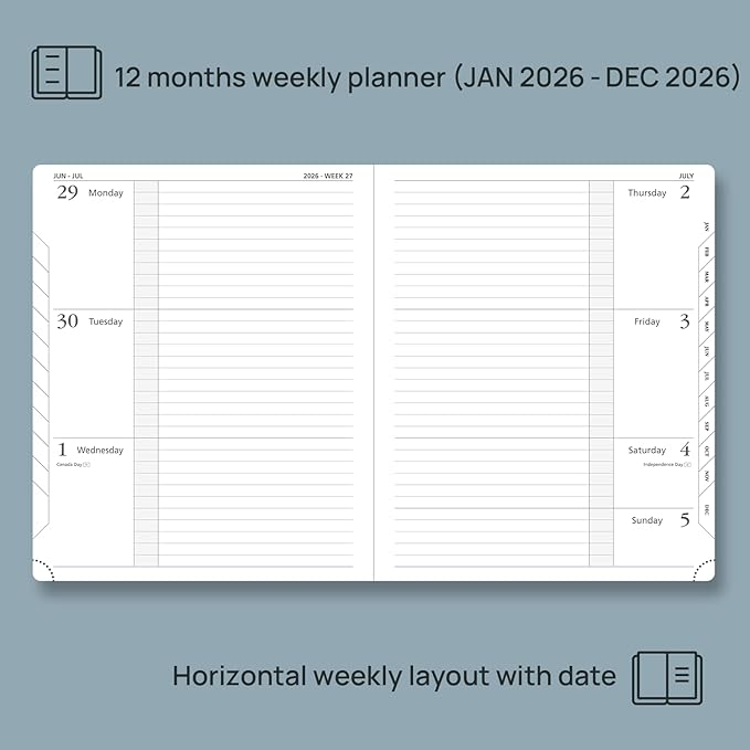 POPRUN 2026 Weekly & Monthly Planner Calendar, 8.5" x 10.5" Large, Horizontal Layout with Lined Sections, Jan. 2026 - Dec. 2026, Leather Hardcover, 100GSM Paper, Inner Pocket - Aquamarine