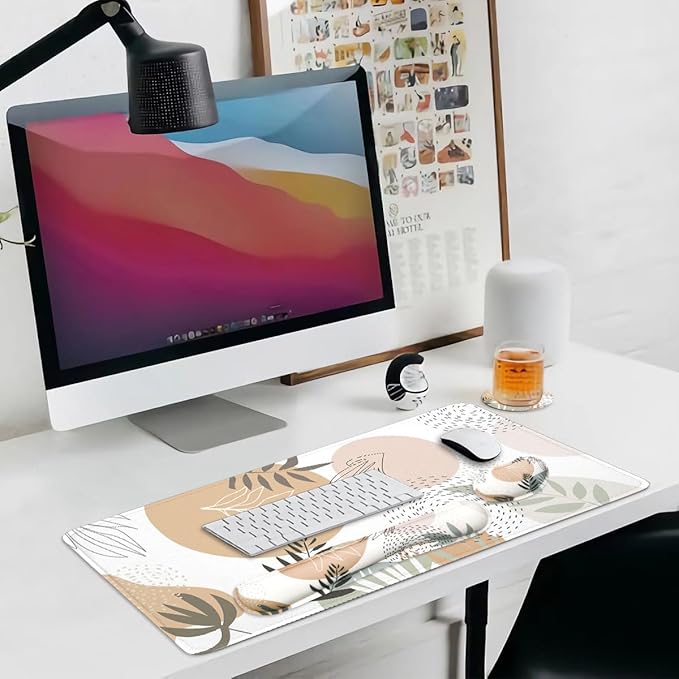 4-in-1 Large Mouse Pad, Keyboard Wrist Rest Pad & Wrist Support Mousepad Set, Extended Desk Pad Waterproof Desk Mat for Home Office Study Game - Leave