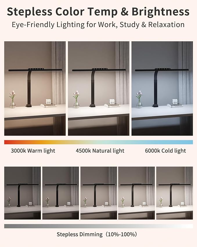 LED Desk Lamps for Home Office, 24W Bright Eye-Caring Light with Clamp, Stepless Dimming Adjustable Flexible Gooseneck Clip on Desk Office Lamp with Adapter for Reading, Study, Workbench,Black
