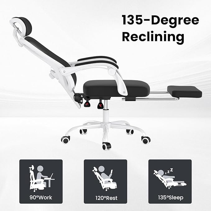Farini Ergonomic Office Chair with Footrest, Mesh Office Desk Chair with Headrest, High Back Computer Chair with Adjustable Lumbar Support for Home Office Study Room Bedroom, White & Black