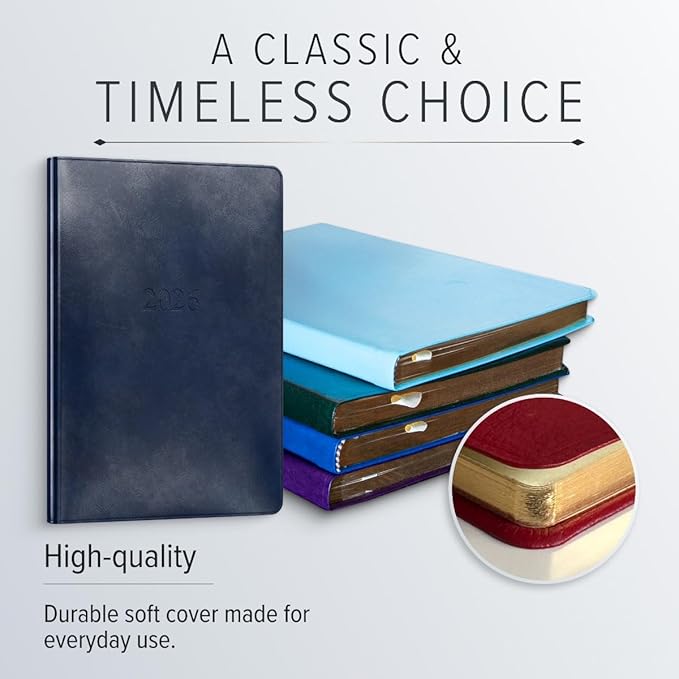 Gallery Leather Desk Hourly Weekly Monthly Planner 2025-2026, Elegantly Bound Calendar Planner and Notebook with Stylish Gold-Gilded Page Edges, 12 Months - Acadia Tan - 8 x 5.5 "