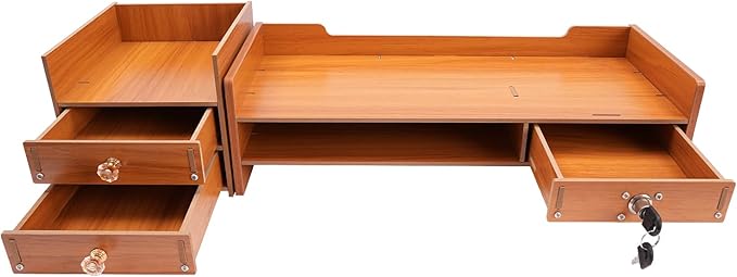Computer Monitor Stand, Tabletop Computer Rack Wood Monitor Stand Ergonomic Computer Riser Multi Compartment Desk Organizer with 3 Storage Drawers & 2 Keys for Study Office Home