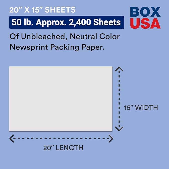 BOX USA Newsprint Packing Paper Sheets 2,400 Sheets (50 lbs.) Pre-Cut 20" x 15" Large Packing Paper Sheets for Moving, Shipping & Storage, Perfect Moving Supplies