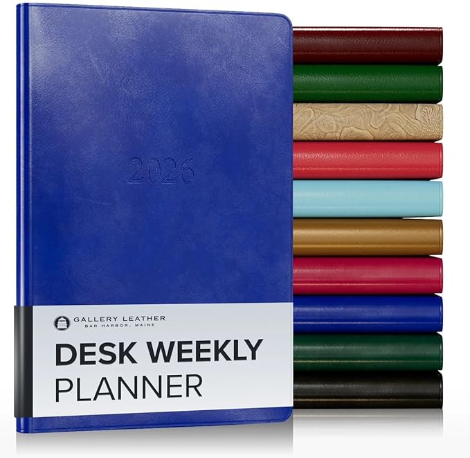 Gallery Leather Desk Weekly Monthly Planner 2025-2026, Elegantly Bound Calendar Planner and Notebook with Stylish Gold-Gilded Page Edges, 12 Months - Acadia Malibu - 8 x 5.5 "