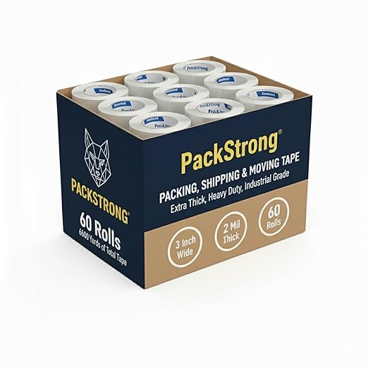 Packstrong Industrial Grade Clear Packing Tape 60 Rolls - 110 Yards per Roll - 3" Wide x 2.0 mil Thick, Acrylic Adhesive Heavy Duty Tape for Box Office Moving Packaging Shipping