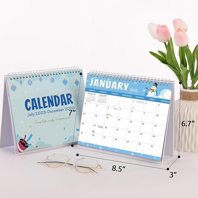 SKYDUE Desk Calendar 2025-2026, 18 Months Calendar from Jul. 2025 to Dec. 2026, 8.5" x 7" Standing Flip Small Desk Calendar Holiday Theme
