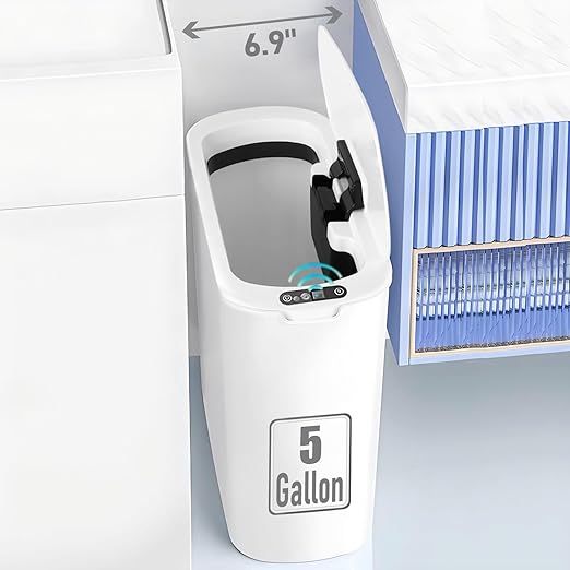 5 Gallon Motion Senor Bathroom Trash Can with Lid, Automatic Garbage Can Touchless, Smart Plastic Waste Basket for Narrow Spaces, Bathroom, Office, Bedroom, Living Room (White)