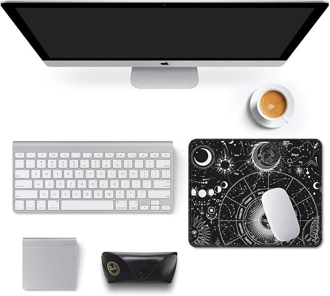 Auhoahsil Mouse Pad, 12 x 10 in Tarot Style Sun Moon Computer Mouse Pad for Desk, Premium-Textured Non-Slip Rubber Stitched Edges Waterproof Square Mouse Mat for Gaming Work Wireless Mice, Black