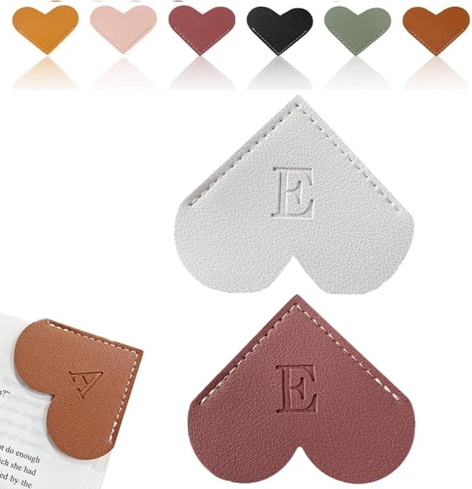 Personalized Leather Heart Bookmark, 26 Letters Customized Corner Book Mark for Reading Women, Book Marker with Initials，Cute Gifts (White+Deep Pink, E)