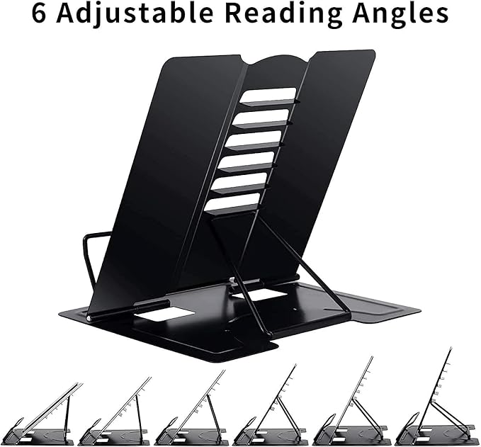 MSDADA 1PC Desk Book Stand Metal Reading Rest Book Holder Adjustable Cookbook Documents Holder Portable Sturdy Bookstands for Recipes Textbooks Tablet Music Books with Page Clips (Black)
