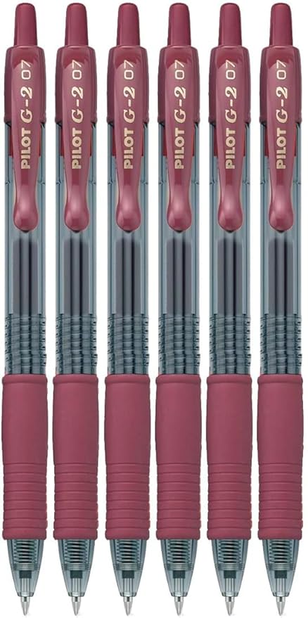 G2 Retractable Premium Gel Ink Roller Ball Pens Fine Point Fine Point (.7mm) Burgundy Ink 6-pk; Refillable & Premium Comfort Grip Bundle with Plastic Reusable Pouch