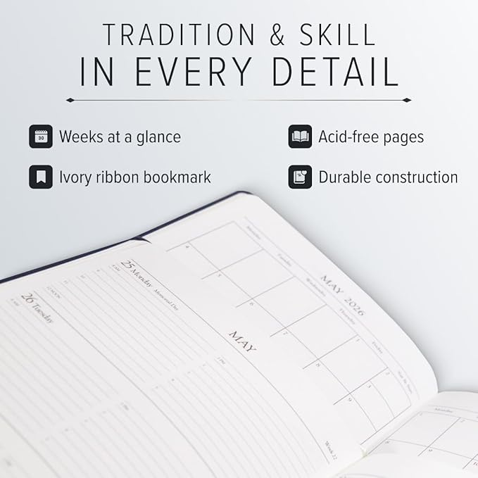 Gallery Leather Desk Hourly Weekly Monthly Planner 2025-2026, Elegantly Bound Calendar Planner and Notebook with Stylish Gold-Gilded Page Edges, 12 Months - Acadia Pool - 8 x 5.5 "