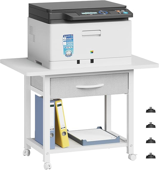22"x15" Large Printer Stand with Storage Drawer, 2-Tier Under Desk Table for Home Office, Fits Fax Machine/3D Printer/Scanner (White)