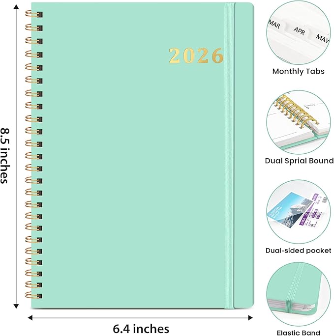 2026 Planner, Weekly and Monthly Calendar Planner Book, January 2026 - December 2026, Hardcover Spiral Planner with Monthly Tabs, Notes Pages, Perfect for Women & Men, A5 (6.4" x 8.5") - Mint