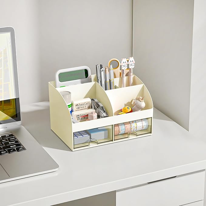 Desk Organizer with 6 Compartments and 2 Drawers, Plastic Makeup Organizer, Pen Holder for Desktop Storage, Desk Organization for School, Home, Office Supplies (Ivory)