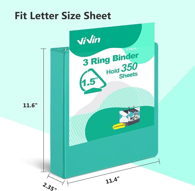 ViVin Sturdy 1.5 Inch 3 Ring Binder with Pockets, Slant-D Ring, PVC-Free, Customizable Clear View Binder,Holds 350 Sheets of 8.5" x 11" Paper, 6 Pack (Lake Green)