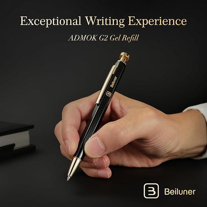 BEILUNER 312 Metal Gel Pen 0.5mm, Hexagonal Design, Black Piano Lacquer with 24K Gold Plated Accents, Includes One Refill, Professional Gel Pen Gift Box Set