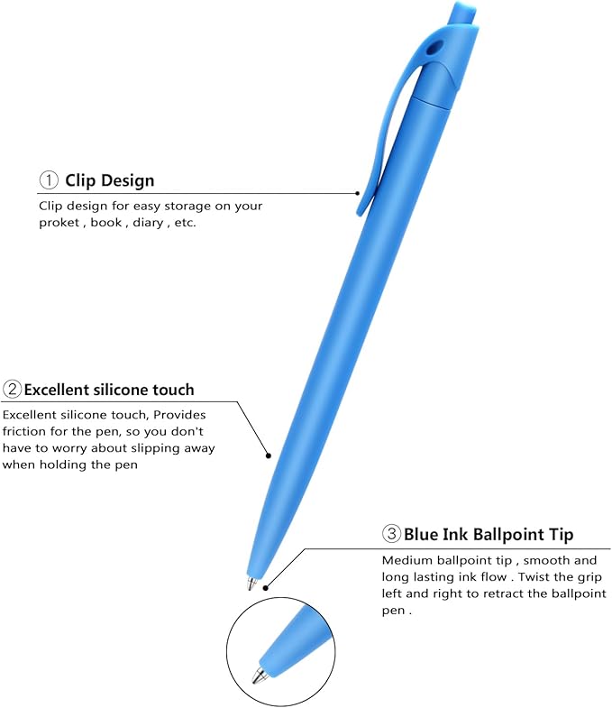 Aozora Pens Bulk 30 Pack Blue Click Pen No Bleed Wholesale Retractable Ballpoint Pens Medium Point,Smooth Ink Pen for Journaling School Office Supplies 1.0MM Blue Ink