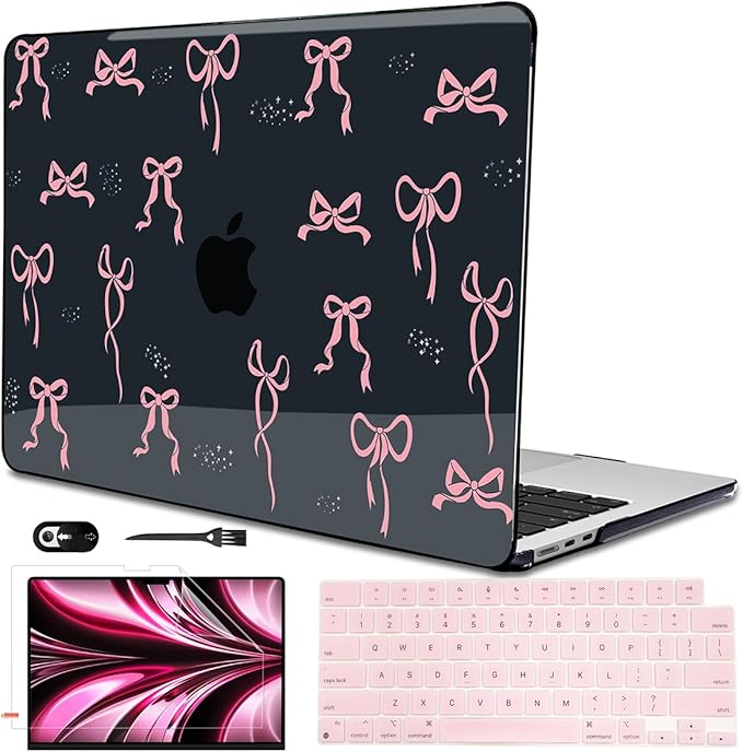 Case for MacBook Air 13.6 inch 2025 2024 2023 2022 M2 M3 M4 Chip Model A3240 A3113 A2681 with Touch ID, Pattern Plastic Hard Shell Cover for MacBook Air 13.6 M4 2025, Pink Bowknot Black