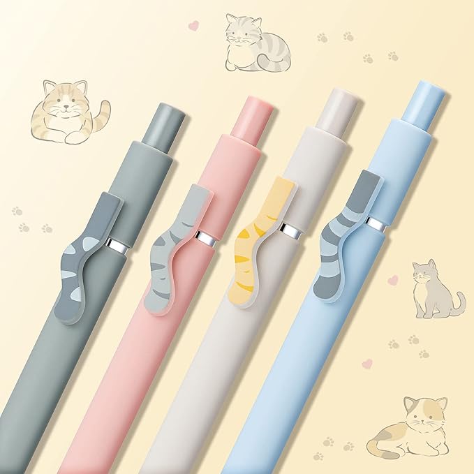 4PCS Cute Cat Retractable Gel Pens Set, Quick Dry Black Ink Fine Point Roller Ball Gel Ink Pen for Smooth Writing (Morandi Color)