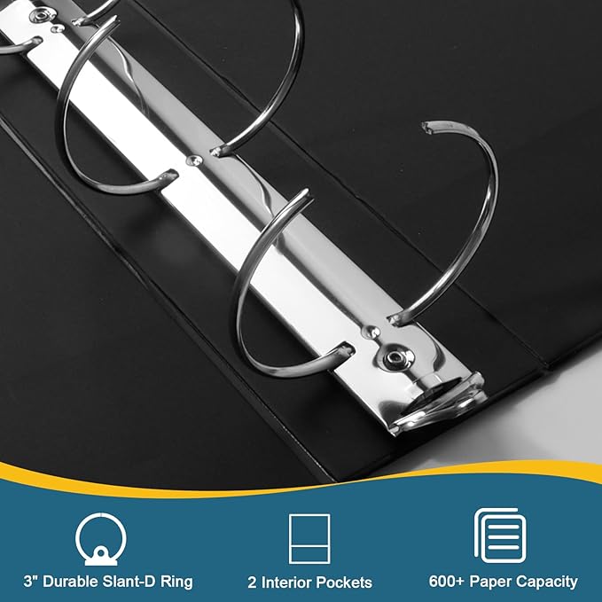 3" 3 Ring Binder, Standard 3-Inch Round Ring Binder Fit Letter Size Paper, Presentation View Binders, 2 Packs, Black