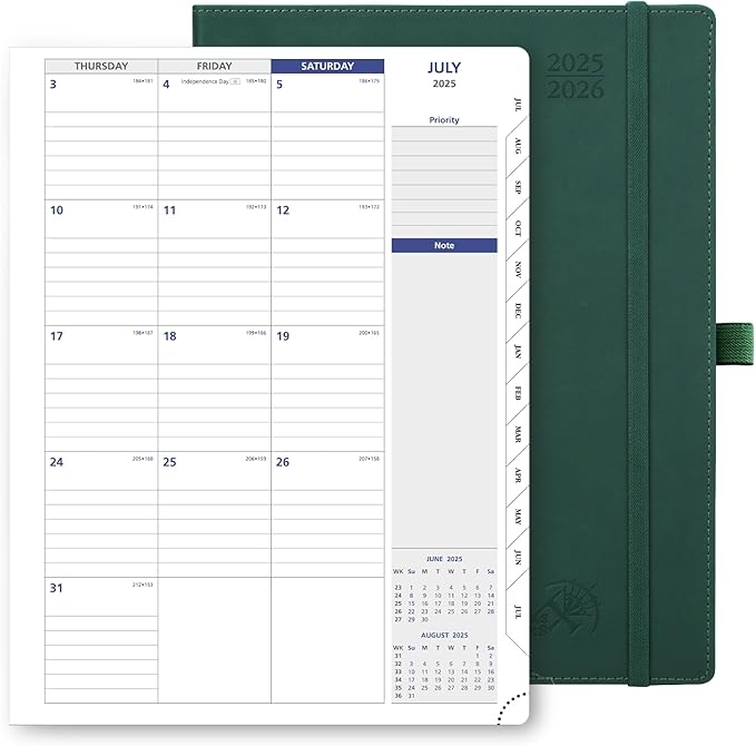 POPRUN Monthly Planner 2025-2026, 8.5'' x 11.25'', 13-Monthly Calendar (July 2025-July 2026) 15-Minute Hourly Appointment Book with Stair Tabs, Soft Cover, 100GSM Paper - Forest Green