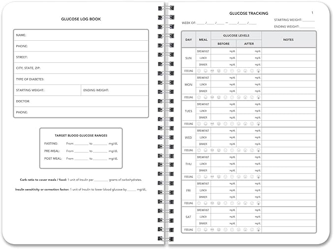 BookFactory Glucose Log Book Glucose Monitoring Logbook Personal Medical Tracking Notebook - 104 Pages, 6'' x 9'', Wire-O (Made in USA)