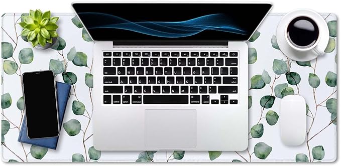SSOIU Extended Gaming Mouse Pad XXL ArtSo Large Keyboard Mat Long Mousepad Desk Decor Writing Pad Non Slip Rubber Base Stitched Edges for Work, Game, Office, Home, 35.5" x 15.7", Eucalyptus Leaves
