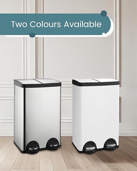 60L Dual Compartment Stainless Steel Trash Can, 16 Gallon White Kitchen Garbage Bin with Silent Sealed Lids, Pedal & Recyclable Waste Bins for Home/Office