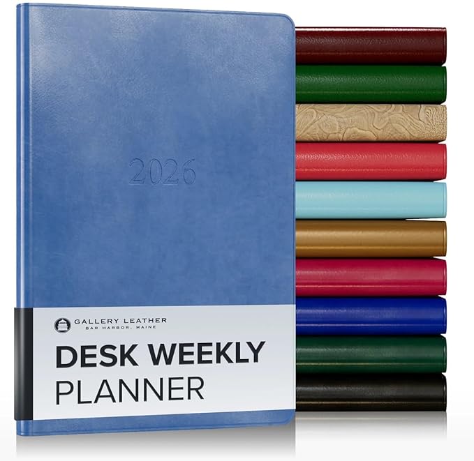 Gallery Leather Desk Weekly Monthly Planner 2025-2026, Elegantly Bound Calendar Planner and Notebook with Stylish Gold-Gilded Page Edges, 12 Months - Acadia Hydrangea - 8 x 5.5 "