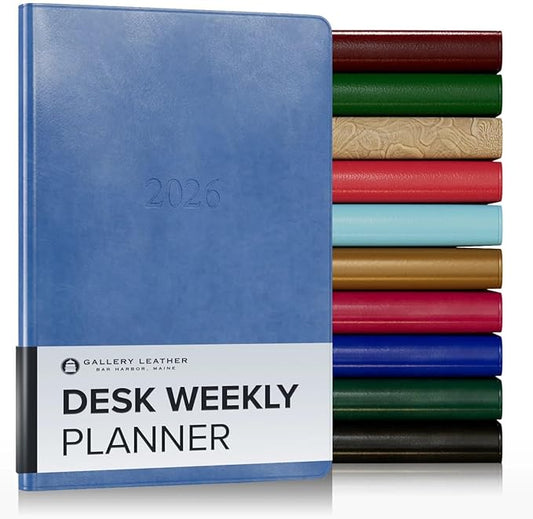 Gallery Leather Desk Weekly Monthly Planner 2025-2026, Elegantly Bound Calendar Planner and Notebook with Stylish Gold-Gilded Page Edges, 12 Months - Acadia Hydrangea - 8 x 5.5 "