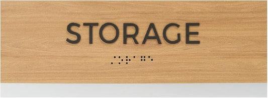 Storage Sign With Braille/Small Business Easy Adhesive Mount Door And Wall Sign / 3" x 9" Oak Woodgrain Design