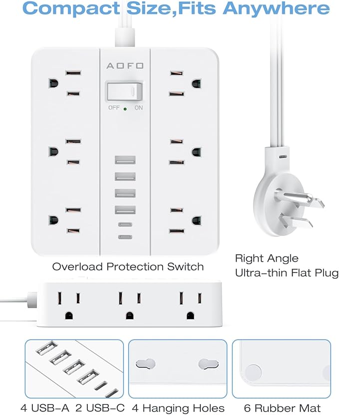 Flat Plug Power Strip, AOFO Surge Protector Flat Extension Cord with 12 AC Outlets and 6 USB(2 USB-C) Ports,Multiple Outlet Wall Plug 5FT Extension Cord for Home Office, Dorm Room Essentials