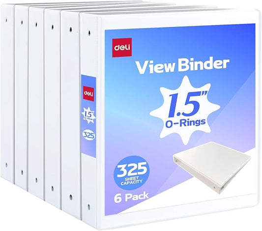 Deli 1.5-inch 3 Ring Binder with 2 Interior Pockets, 325 Sheets Capacity, 1.5 inch Binders fits 11" x 8.5" US Letter Size, White, 6 Pack