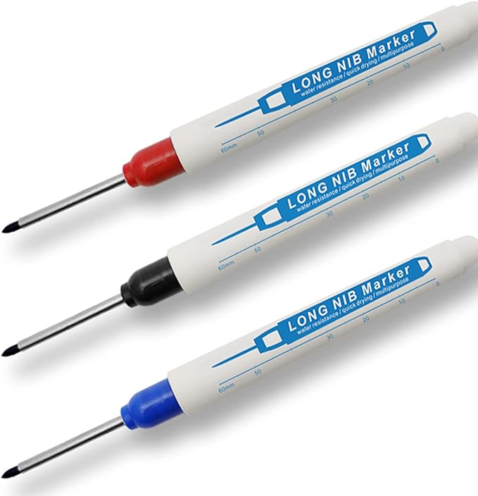 8pcs Waterproof Deep Reach Markers, Long Nose in 2mm Felt Tip, 30mm Reach Permanent Pens, Deep Hole Carpenter Ink for Builders Construction