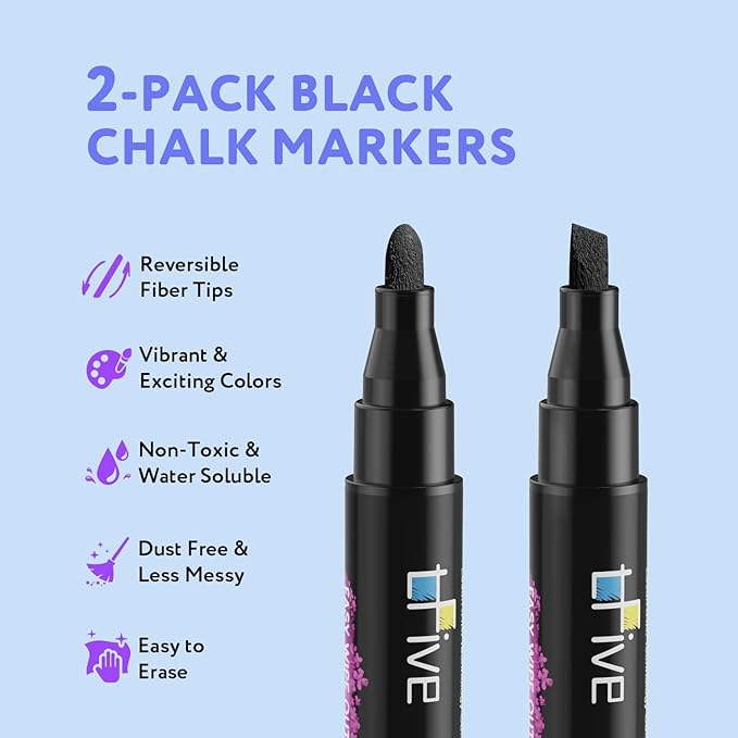 TFIVE Black Liquid Chalk Markers - 2 Pack Bright Colors Erasable Chalk Marker Pens, Reversible Tip, Non-Toxic, for Chalkboards, Signs, Glass, Easy to use Chalk markers TF800