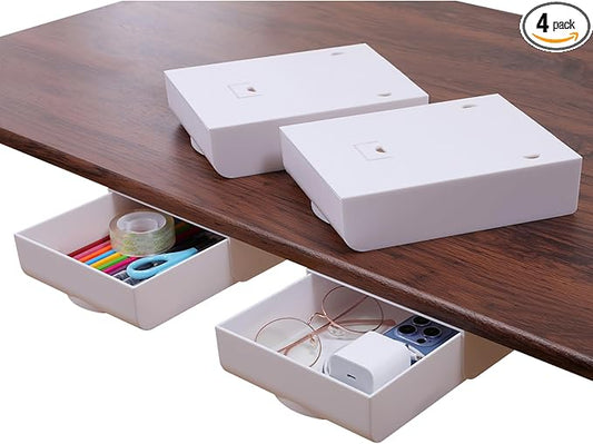 4 Pack Under Desk Drawer Self-Adhesive Desktop Storage Organizer, Hidden Attachable Slide Out Desk Drawer, Under Table Tray for Pencil Pen Stationery Office Organization, White
