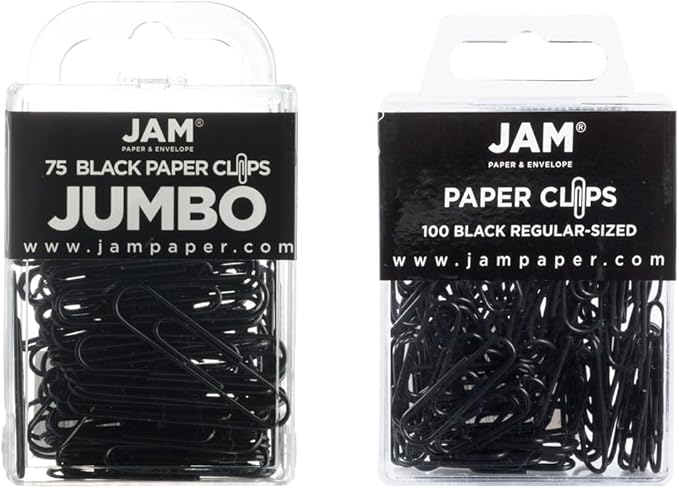 JAM PAPER Combo Pack Colorful Paper Clips - Standard & Jumbo - Black Paperclips - 1 Pack of 100 & 1 Pack of 75
