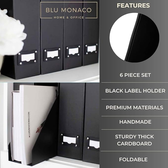 Blu Monaco Foldable Black Magazine File Holder with Leather Label Holder - Set of 6 Cardboard Magazine File Boxes Desk File Organizer