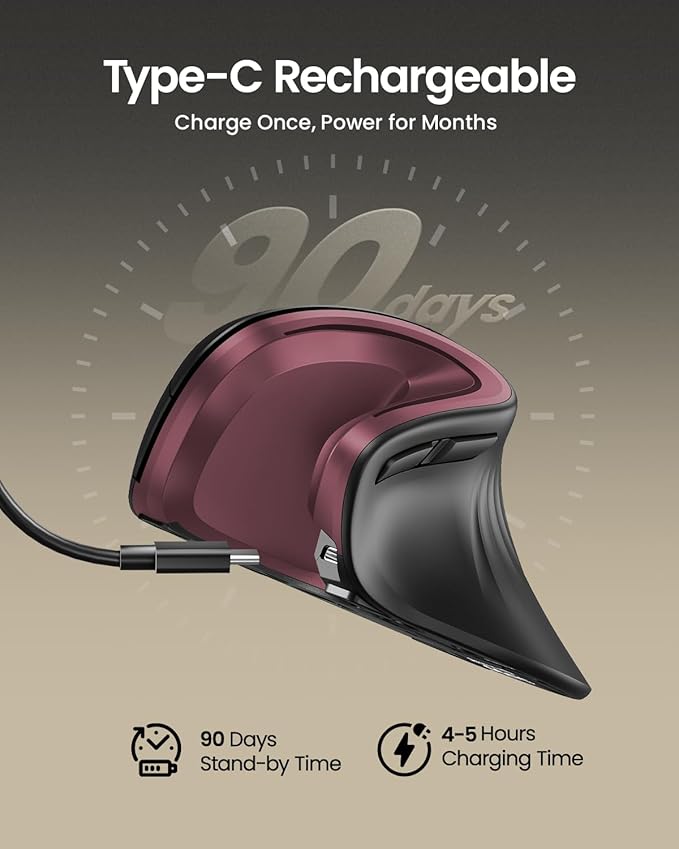 ProtoArc Ergonomic Vertical Mouse, EM11 NL Rechargeable Wireless Mouse Bluetooth, Ergo Mice with 3 Multi-Device for PC/Notebook/Laptop, 2.4GHz Optical Mice for Windows, Mac OS, Wine Red