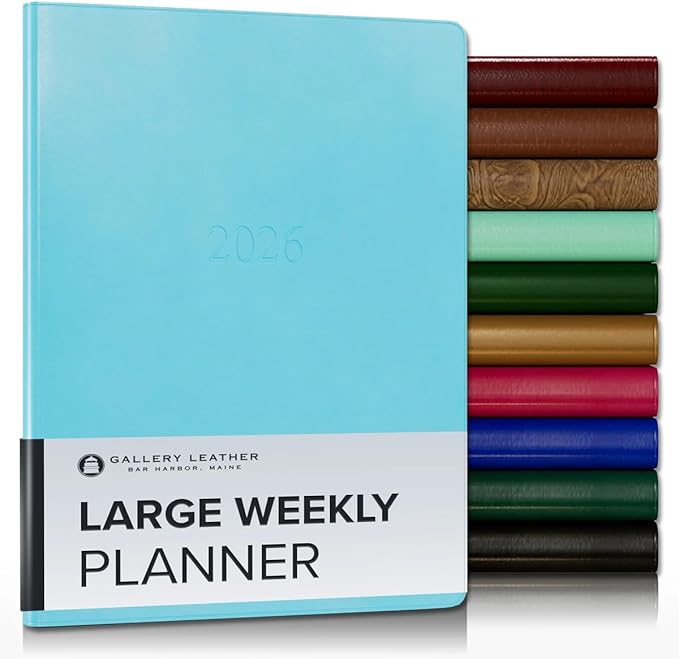 Gallery Leather Large Weekly Monthly Planner 2025-2026, Elegantly Bound Calendar Planner and Notebook with Stylish Gold-Gilded Page Edges, 12 Months - Acadia Pool - 9.75 x 7.5 "