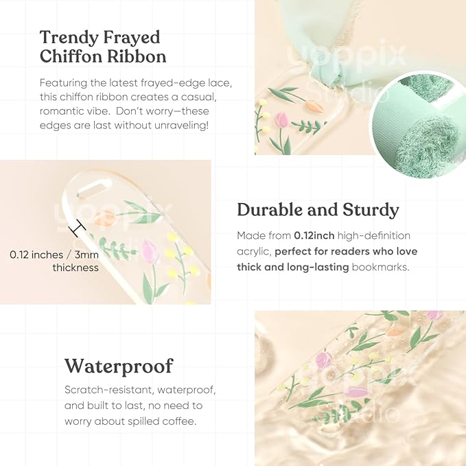 15 Pieces Acrylic Bookmark Blanks (3mm) Thicken Bookmark Making Kit with 20 Pcs Floral UV DTF Sticker, 15 Pcs Ribbon, Suitable for DIY Your Crafts Gifts