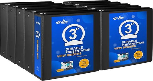 ViVin 3 Ring Binder 3 inch with Clear View Cover, Large 3" Round Ring for Strength, Holds 600 Sheets of US Letter Size Paper, Office Home School, 10 Pack (Black)
